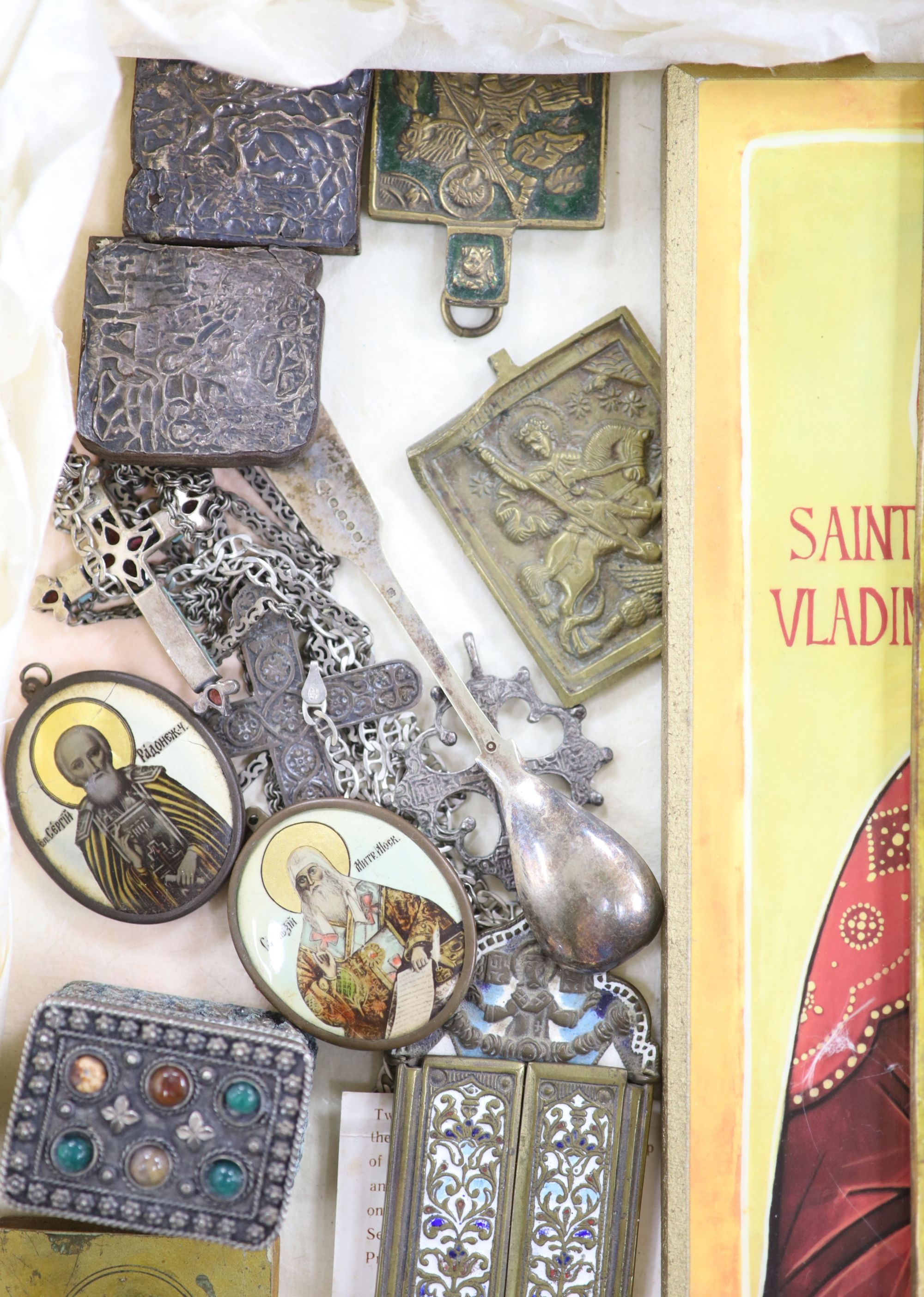 A quantity of religious artefacts including icons, crucifixes, etc.